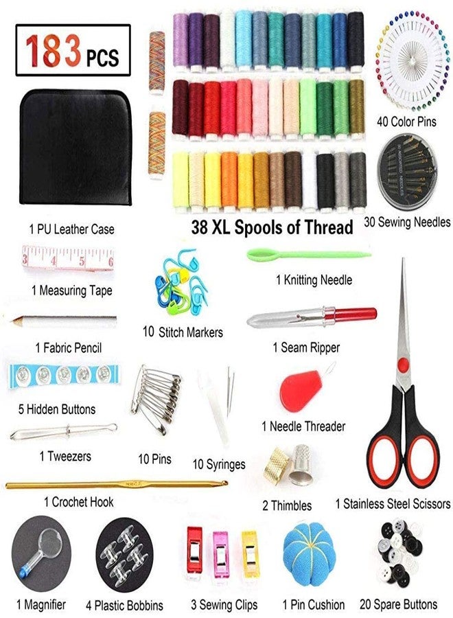 KBZONE Sewing Kit 183 PCS DIY Sewing Supplies with 38 XL Thread Spools, Scissors, Needles, Pins, for Home,Travel, School, Beginner, Adults,Emergency Accessories with All in One Portable Leather Carrying Case - Image 2